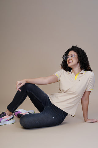 ONE SKY WOMEN BEIGE SOLID POLO T SHIRT