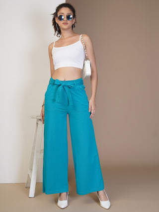 Women Teal Cotton Blend Trousers