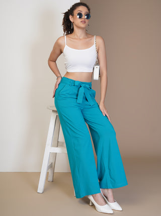 Women Teal Cotton Blend Trousers