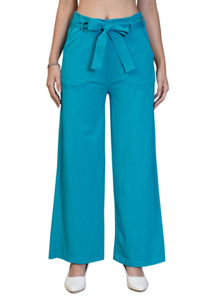 Women Teal Cotton Blend Trousers