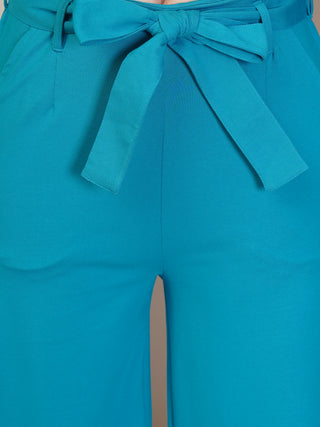 Women Teal Cotton Blend Trousers