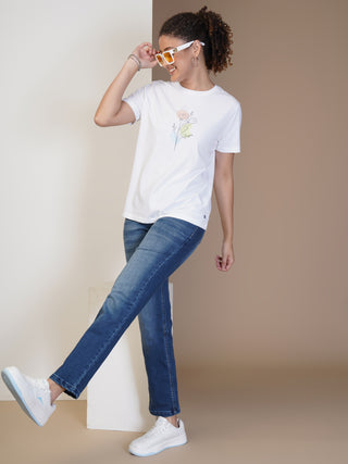 Women White Round Neck T-Shirt