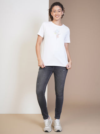 Women White Round Neck T-Shirt