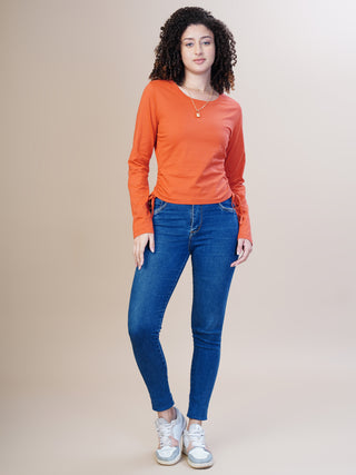 Women Bright Orange Pure Cotton Textured Neckline Top