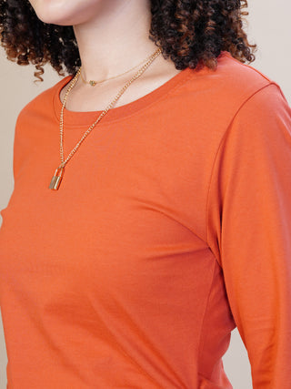 Women Bright Orange Pure Cotton Textured Neckline Top