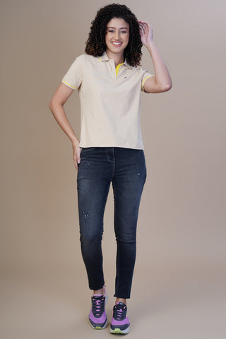 ONE SKY WOMEN BEIGE SOLID POLO T SHIRT