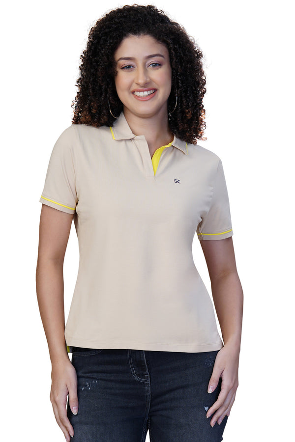 ONE SKY WOMEN BEIGE SOLID POLO T SHIRT