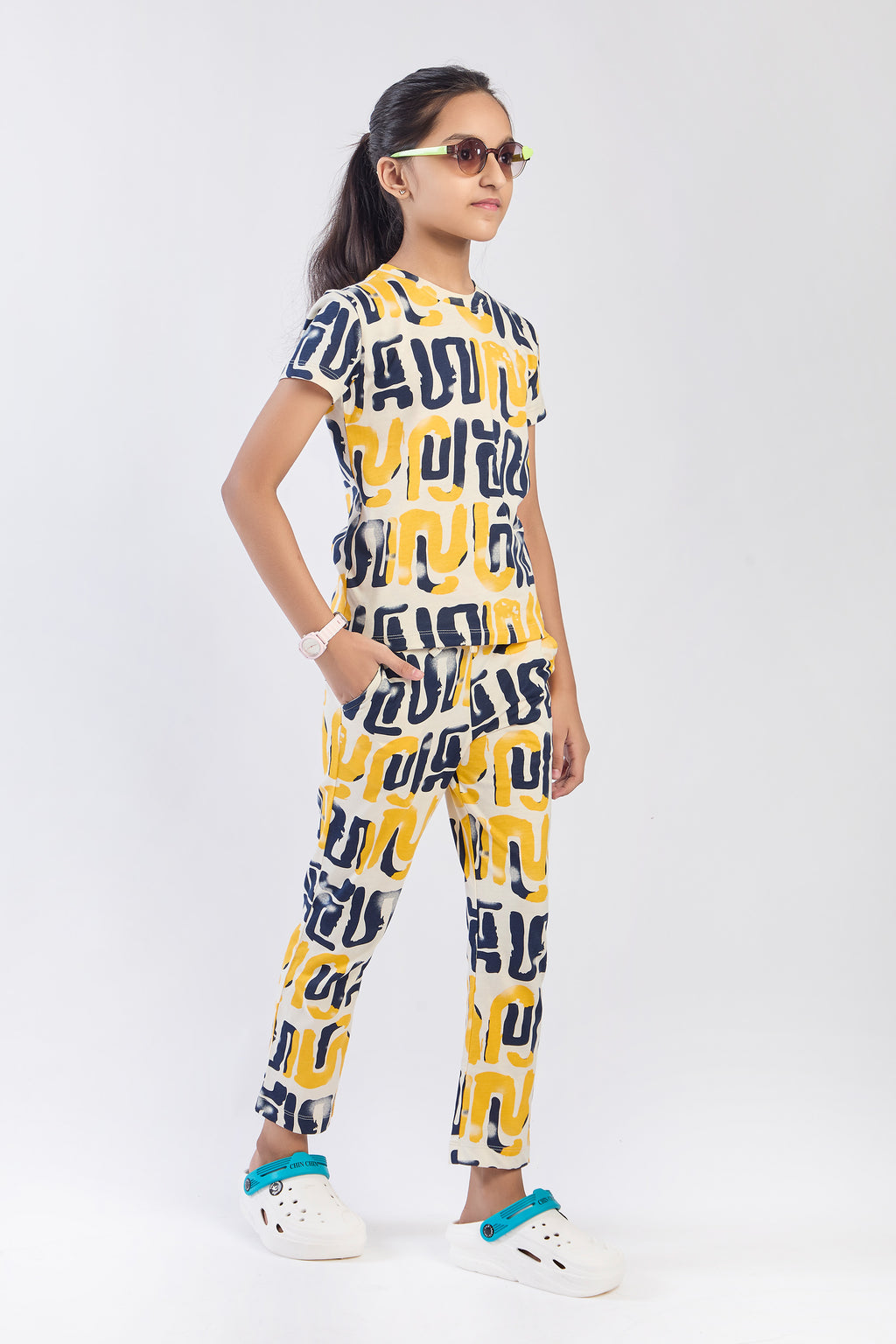 ONE SKY Girls' Cotton Co-ord Set | Abstract Print Tee & Pants | Casual 2-Piece | Ages 3-14 Years