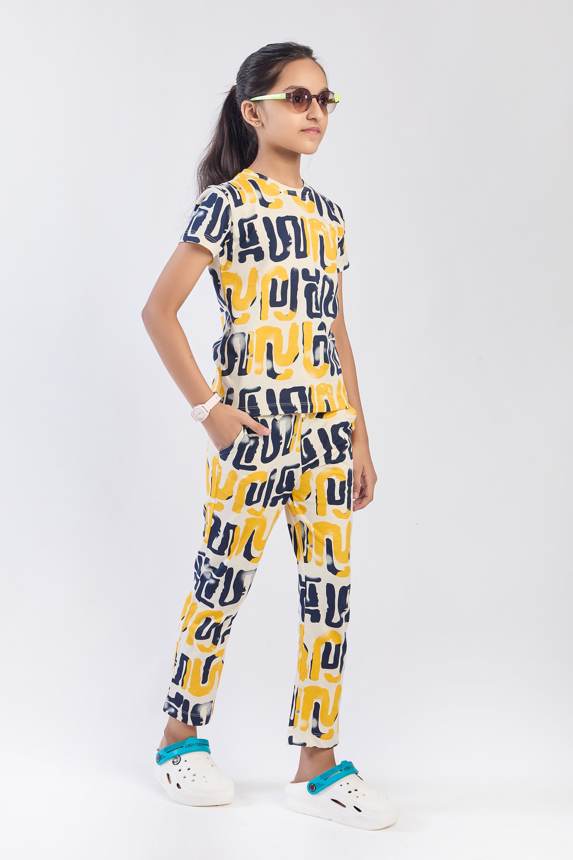 ONE SKY Girls' Cotton Co-ord Set | Abstract Print Tee & Pants | Casual 2-Piece | Ages 3-14 Years