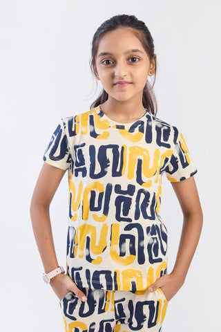 ONE SKY Girls' Cotton Co-ord Set | Abstract Print Tee & Pants | Casual 2-Piece | Ages 3-14 Years