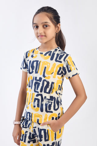 ONE SKY Girls' Cotton Co-ord Set | Abstract Print Tee & Pants | Casual 2-Piece | Ages 3-14 Years