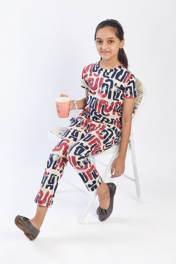 ONE SKY Girls' Cotton Co-ord Set | Abstract Print Tee & Pants | Casual 2-Piece | Ages 3-14 Years