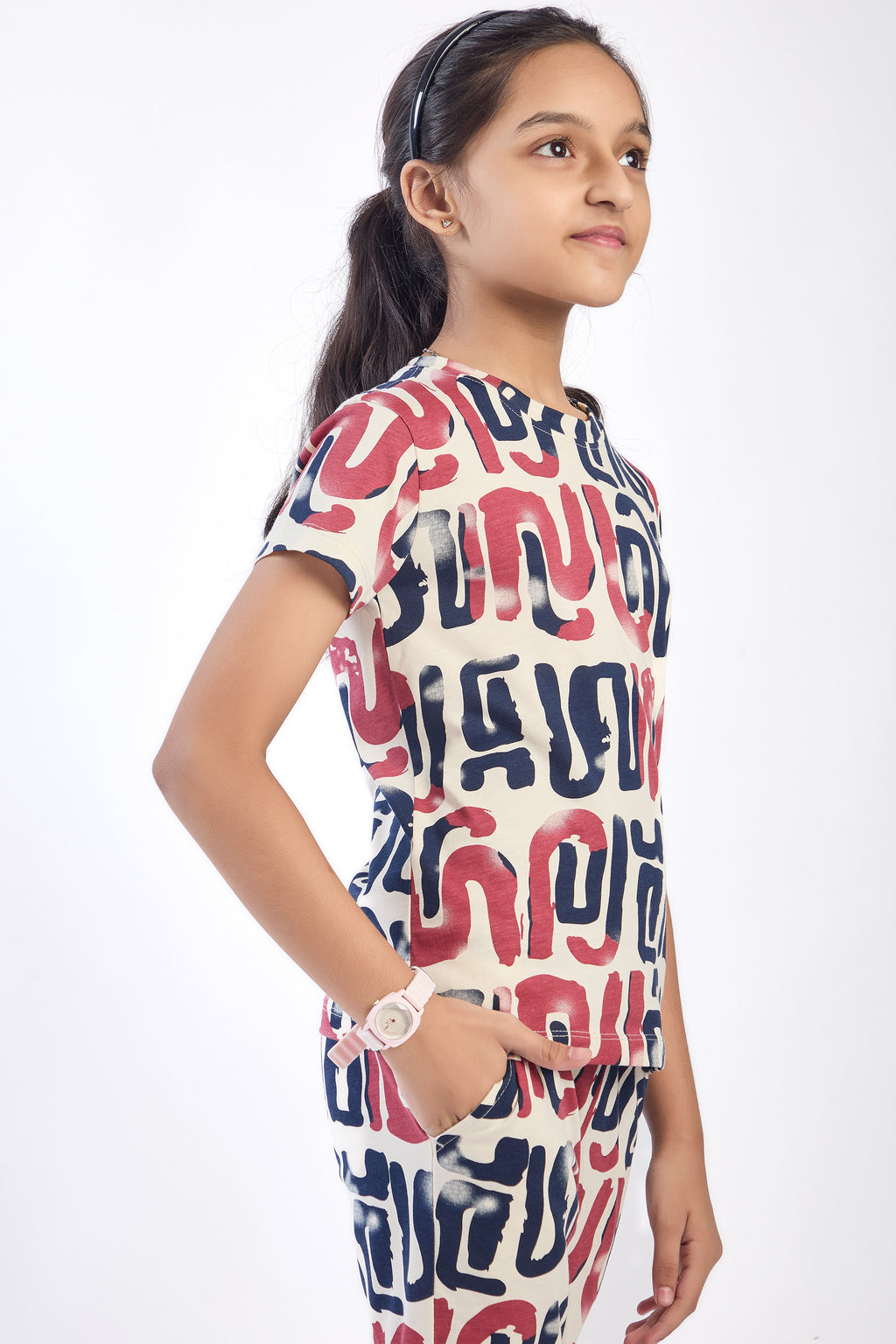 ONE SKY Girls' Cotton Co-ord Set | Abstract Print Tee & Pants | Casual 2-Piece | Ages 3-14 Years