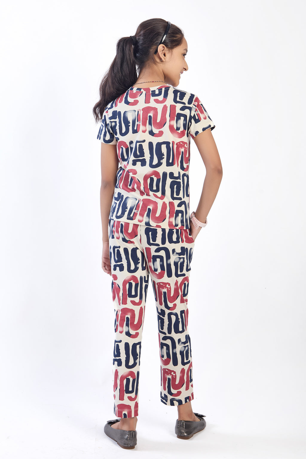 ONE SKY Girls' Cotton Co-ord Set | Abstract Print Tee & Pants | Casual 2-Piece | Ages 3-14 Years