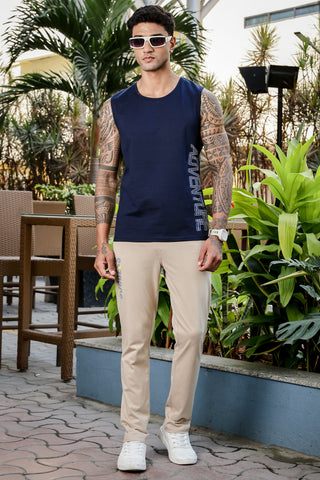 ONE SKY Men's Cotton Stretch Sleeveless Tank Top | Typography Print | Round Neck | Casual Pullover