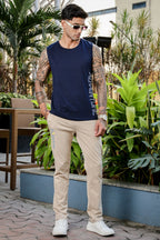 ONE SKY Men's Cotton Stretch Sleeveless Tank Top | Typography Print | Round Neck | Casual Pullover