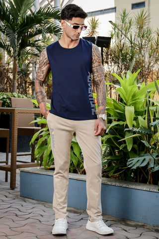 ONE SKY Men's Cotton Stretch Sleeveless Tank Top | Typography Print | Round Neck | Casual Pullover