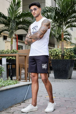 Men's Mid-Rise Typography Printed Casual Shorts | Polyester-Spandex Flat Front with Drawstring | 4 Pockets