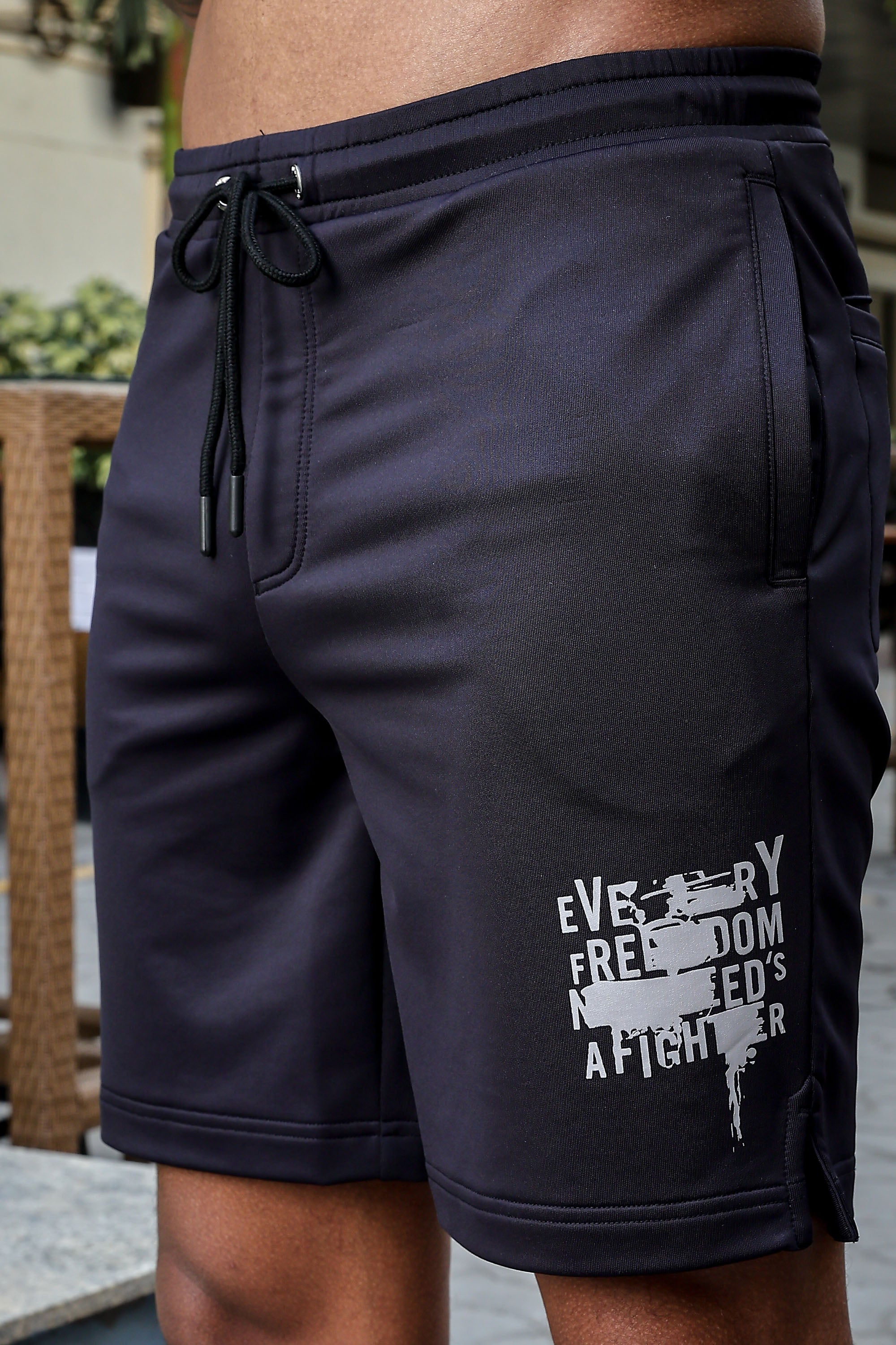 Men's Mid-Rise Typography Printed Casual Shorts | Polyester-Spandex Flat Front with Drawstring | 4 Pockets