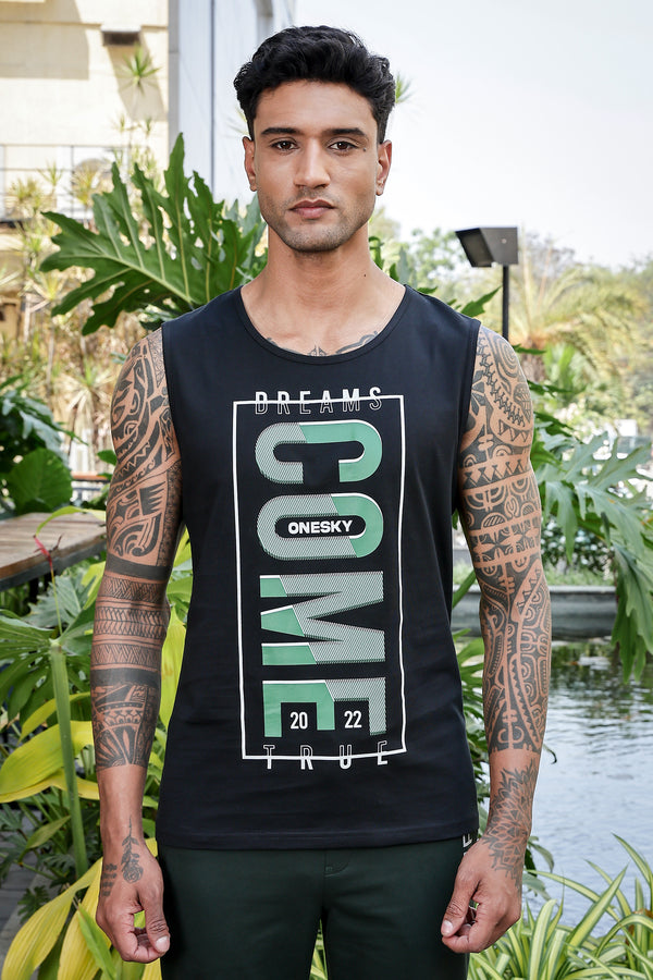 MEN BLACK PRINTED TANK TOP