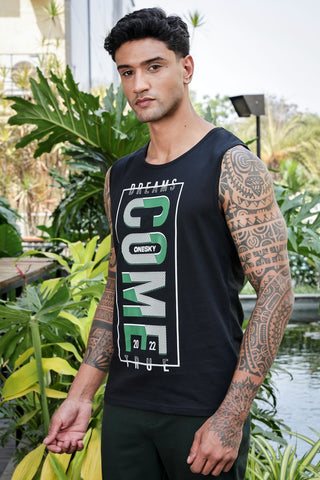 Men’s 100% Cotton Typography Printed Sleeveless T-Shirt | Round Neck Casual Tank Top | Soft Breathable Fabric | Machine Washable