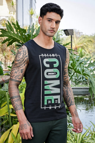 MEN BLACK PRINTED TANK TOP