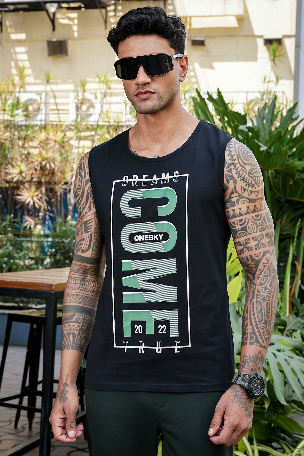 MEN BLACK PRINTED TANK TOP