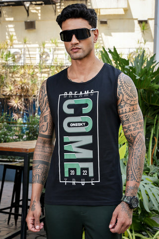MEN BLACK PRINTED TANK TOP