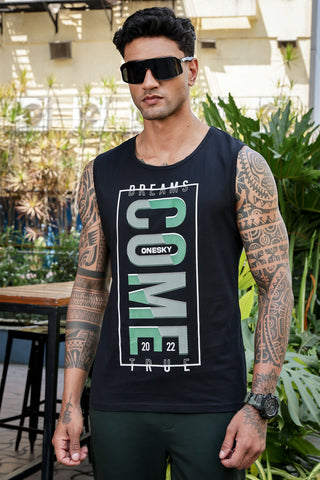 Men’s 100% Cotton Typography Printed Sleeveless T-Shirt | Round Neck Casual Tank Top | Soft Breathable Fabric | Machine Washable