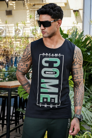 Men’s 100% Cotton Typography Printed Sleeveless T-Shirt | Round Neck Casual Tank Top | Soft Breathable Fabric | Machine Washable