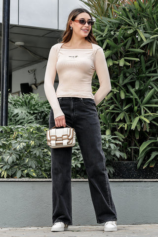 WOMEN SQUARE NECK CREAM WOMENS RIBBED TOP