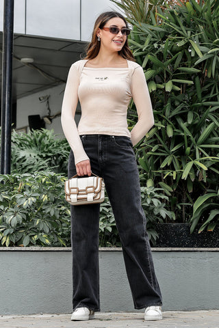 WOMEN SQUARE NECK CREAM WOMENS RIBBED TOP