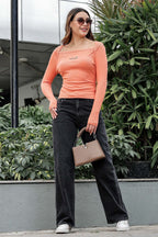 WOMEN SQUARE NECK ORANGE WOMENS RIBBED TOP
