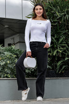 WOMEN SQUARE NECK WHITE WOMENS RIBBED TOP