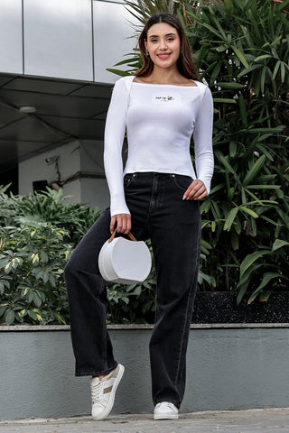 WOMEN SQUARE NECK WHITE WOMENS RIBBED TOP