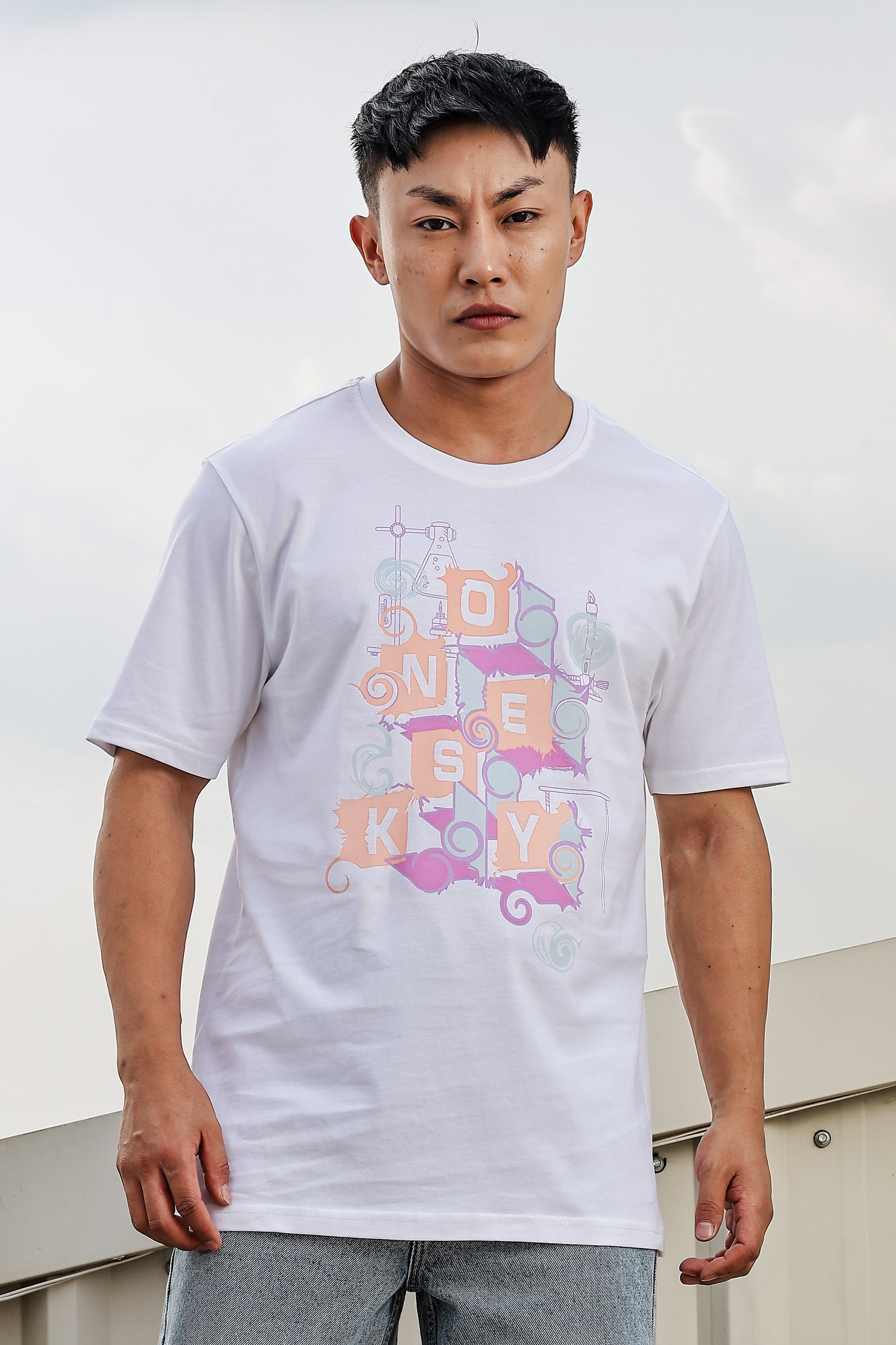 MEN ROUND NECK WHITE PRINTED T SHIRT