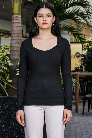 ONE SKY WOMEN BLACK BEAUTY SOLID WOMENS RIBBED TOP