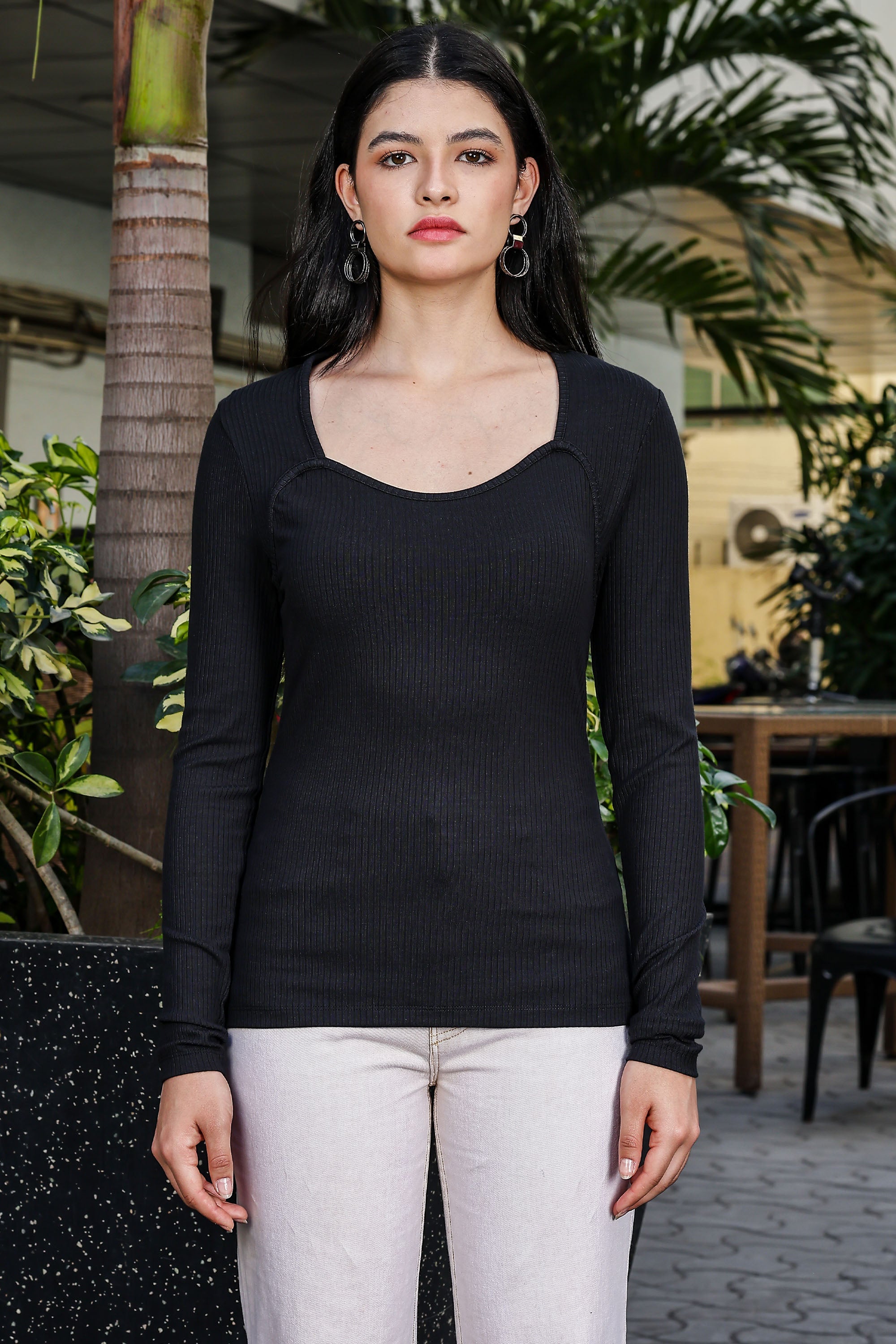 ONE SKY WOMEN BLACK BEAUTY SOLID WOMENS RIBBED TOP