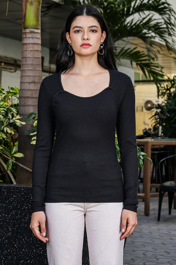 ONE SKY WOMEN BLACK BEAUTY SOLID WOMENS RIBBED TOP