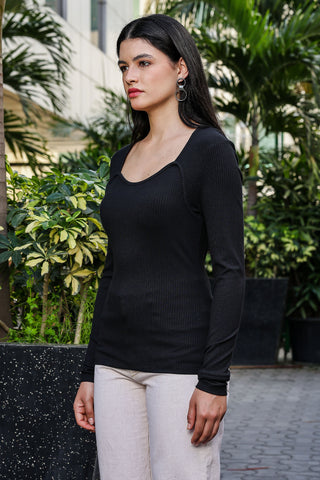 ONE SKY WOMEN BLACK BEAUTY SOLID WOMENS RIBBED TOP