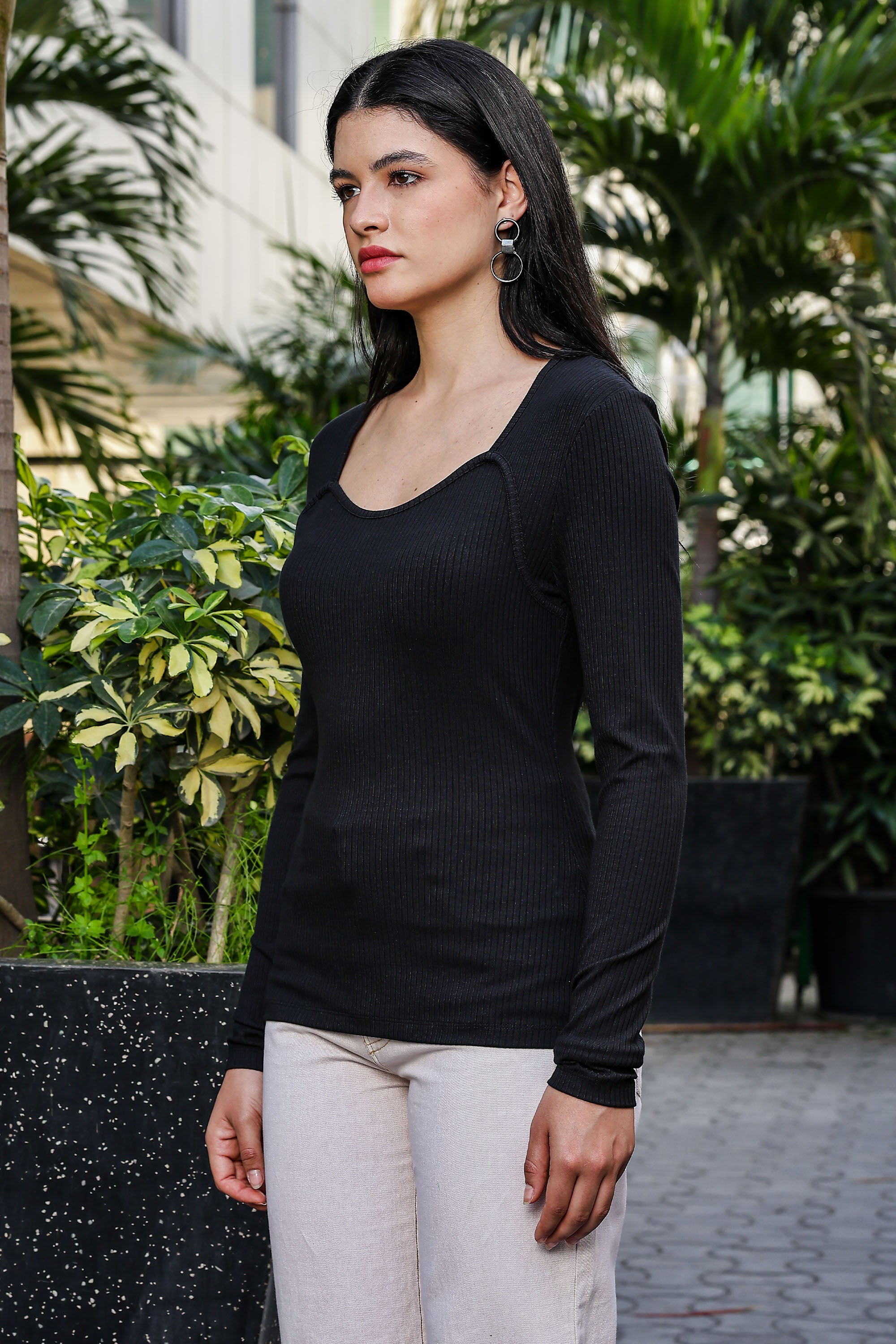 ONE SKY WOMEN BLACK BEAUTY SOLID WOMENS RIBBED TOP