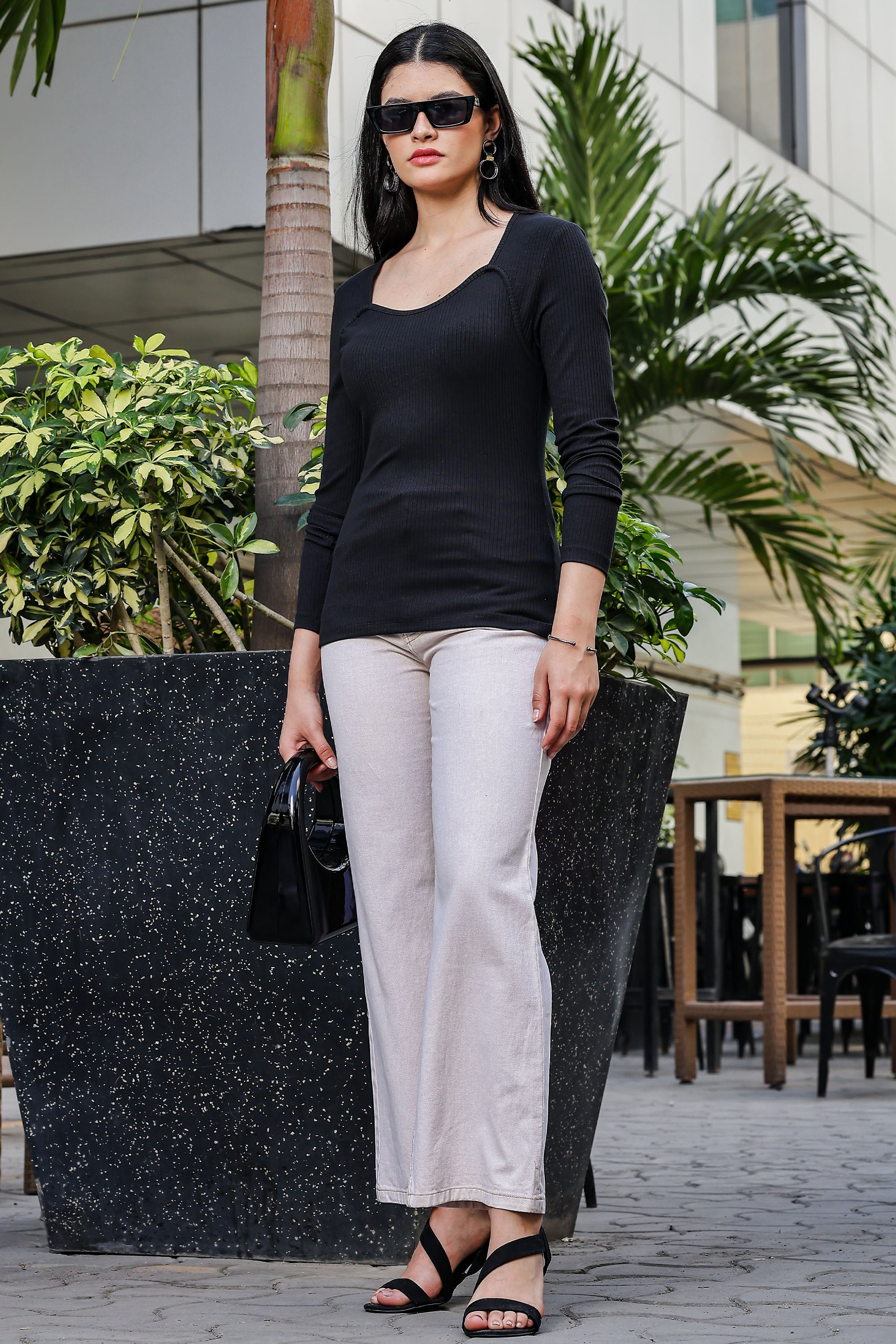 ONE SKY WOMEN BLACK BEAUTY SOLID WOMENS RIBBED TOP