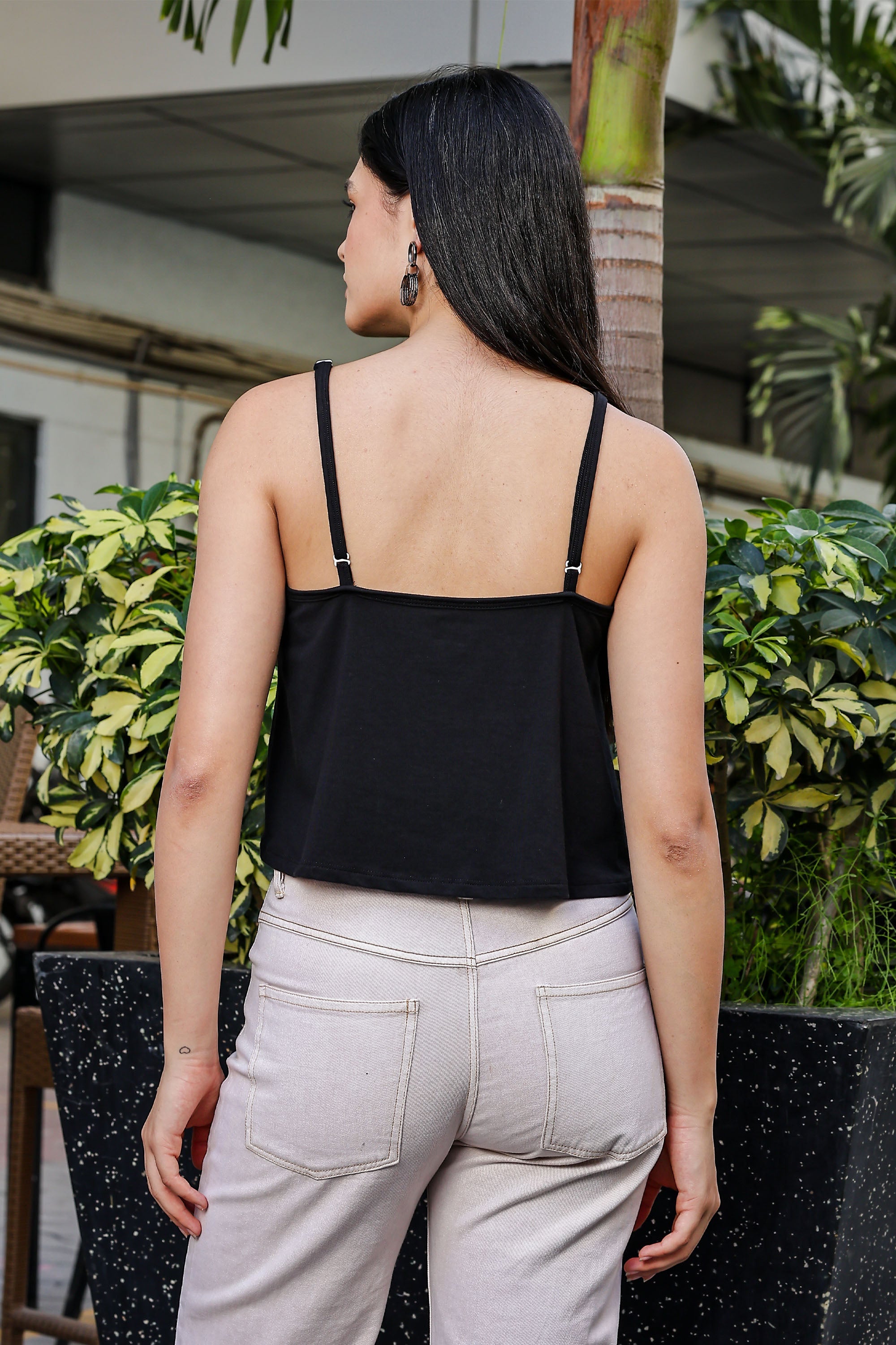 ONE SKY WOMEN JET BLACK SOLID FLARED CAMISOLE