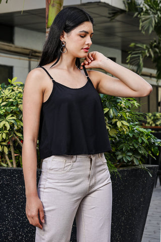 ONE SKY WOMEN JET BLACK SOLID FLARED CAMISOLE