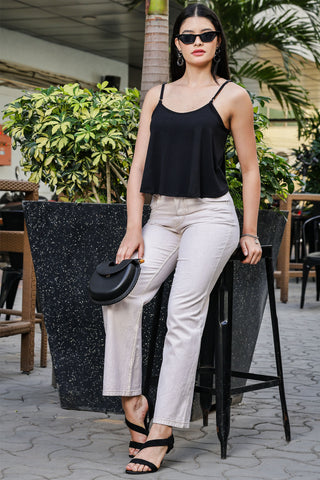 ONE SKY WOMEN JET BLACK SOLID FLARED CAMISOLE