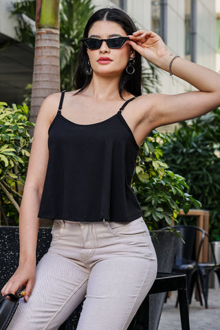 ONE SKY WOMEN JET BLACK SOLID FLARED CAMISOLE