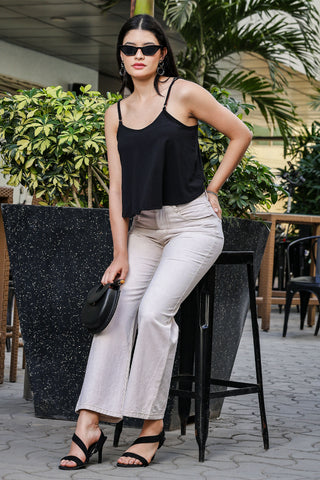 ONE SKY WOMEN JET BLACK SOLID FLARED CAMISOLE