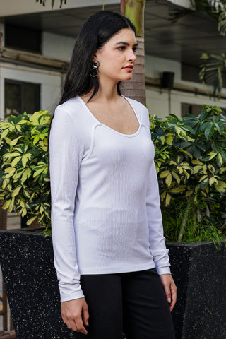 ONE SKY WOMEN WHITE SOLID WOMENS RIBBED TOP