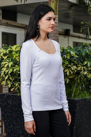 ONE SKY WOMEN WHITE SOLID WOMENS RIBBED TOP