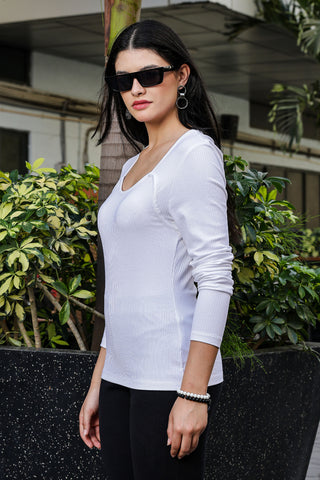 ONE SKY WOMEN WHITE SOLID WOMENS RIBBED TOP